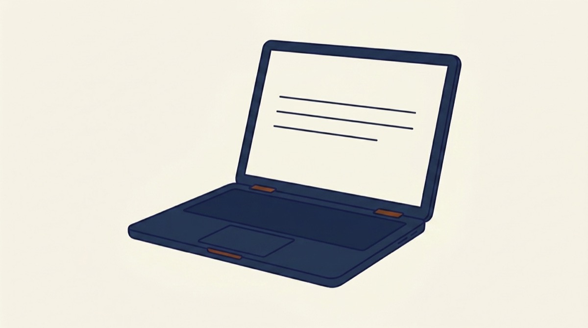 En öppen laptop i mörkblått med några linjer på skärmen.